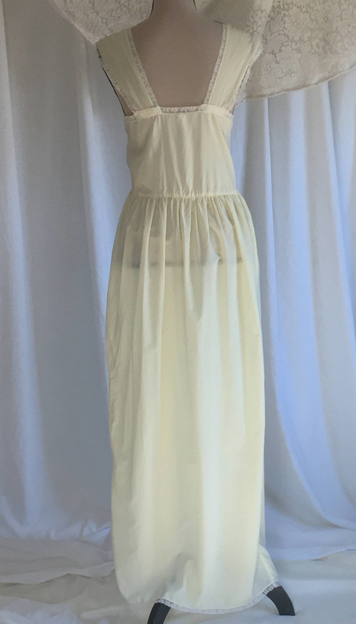 Vintage 1950's Nightgown | Pale Yellow Nylon & White Embroidered Lace Chiffon | Empire Waist Lingerie | Size S - M - Daggers & Dames