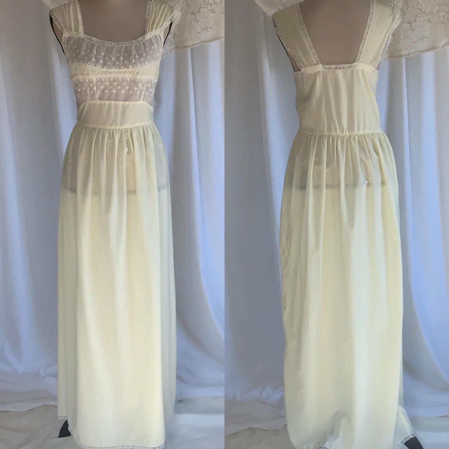 Vintage 1950's Nightgown | Pale Yellow Nylon & White Embroidered Lace Chiffon | Empire Waist Lingerie | Size S - M - Daggers & Dames
