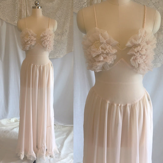 Vintage 1950's Nightgown | Palest Pink Nylon Chiffon with Tulle Ruffles | Fischer Heavenly Lingerie | Size S, MED - Daggers & Dames