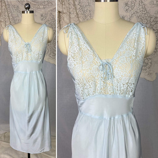 Vintage 1950's Nightgown | Pastel Blue Rayon with Floral Lace Bodice & Keyhole Straps | Size XS, S | Biastex - Daggers & Dames