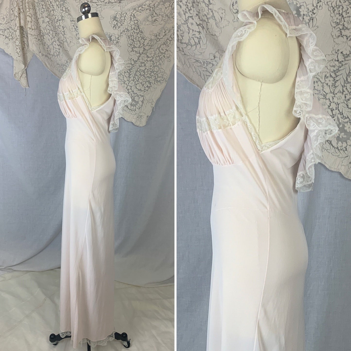 Vintage 1950's Nightgown | Powder Pink Nylon with Crystal Pleat Ruffles & White Lace | Size S | Fischer Heavenly Lingerie - Daggers & Dames