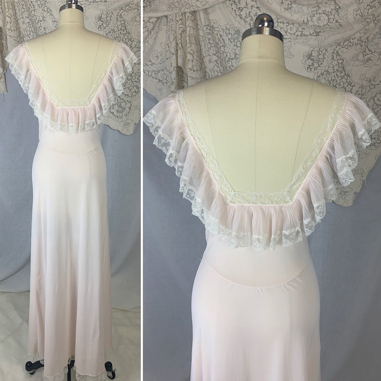 Vintage 1950's Nightgown | Powder Pink Nylon with Crystal Pleat Ruffles & White Lace | Size S | Fischer Heavenly Lingerie - Daggers & Dames
