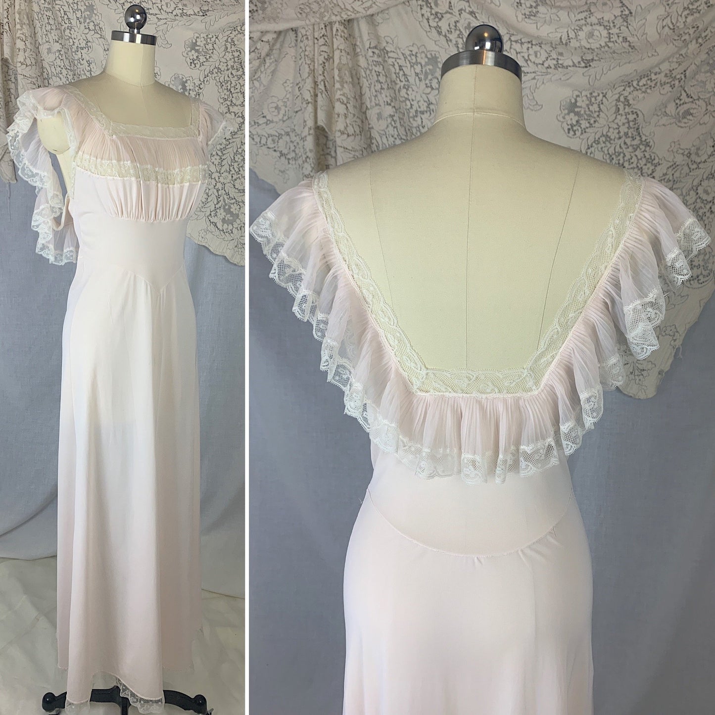 Vintage 1950's Nightgown | Powder Pink Nylon with Crystal Pleat Ruffles & White Lace | Size S | Fischer Heavenly Lingerie - Daggers & Dames
