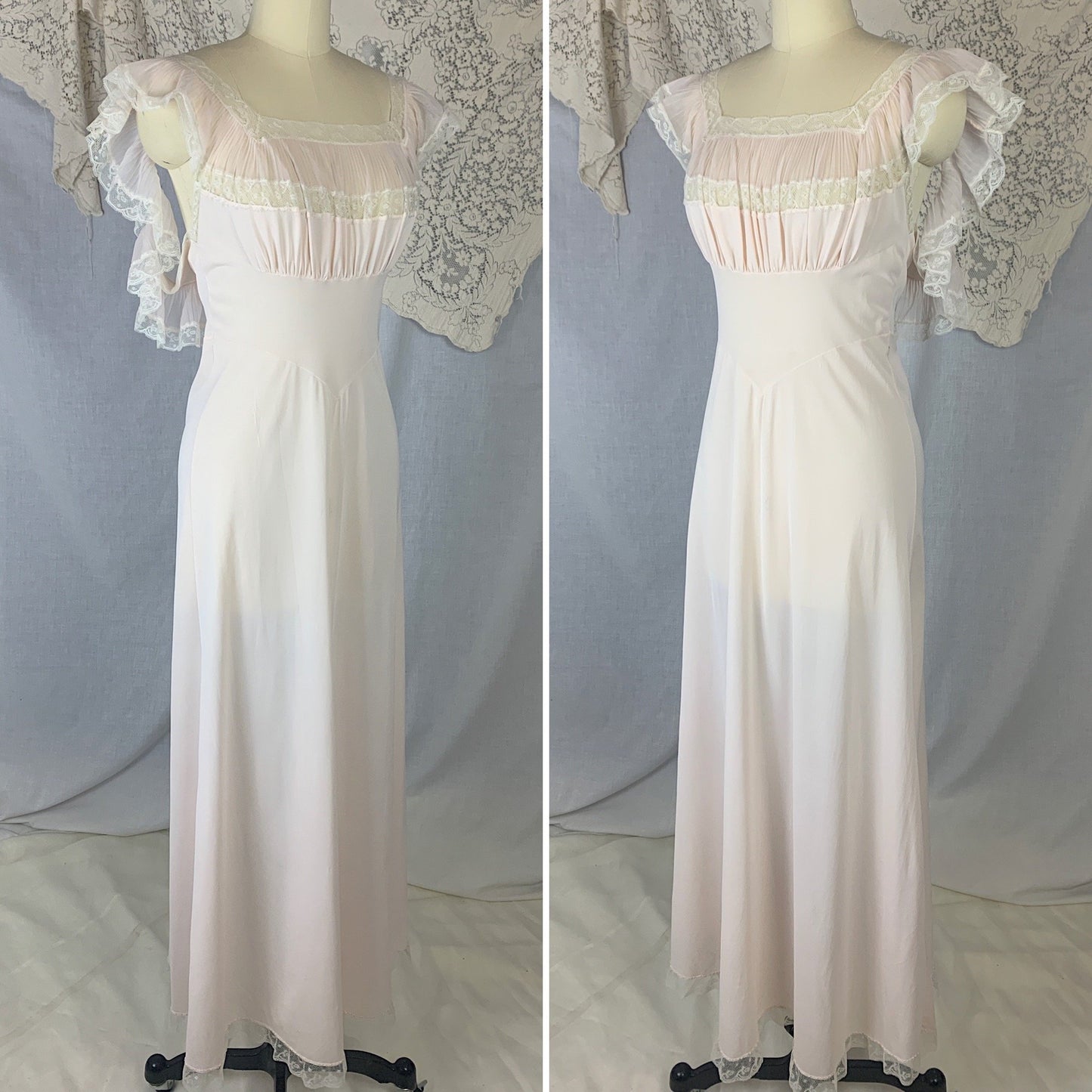 Vintage 1950's Nightgown | Powder Pink Nylon with Crystal Pleat Ruffles & White Lace | Size S | Fischer Heavenly Lingerie - Daggers & Dames