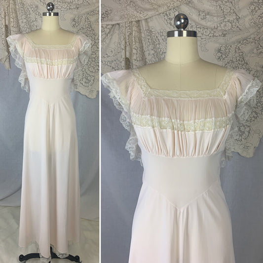 Vintage 1950's Nightgown | Powder Pink Nylon with Crystal Pleat Ruffles & White Lace | Size S | Fischer Heavenly Lingerie - Daggers & Dames