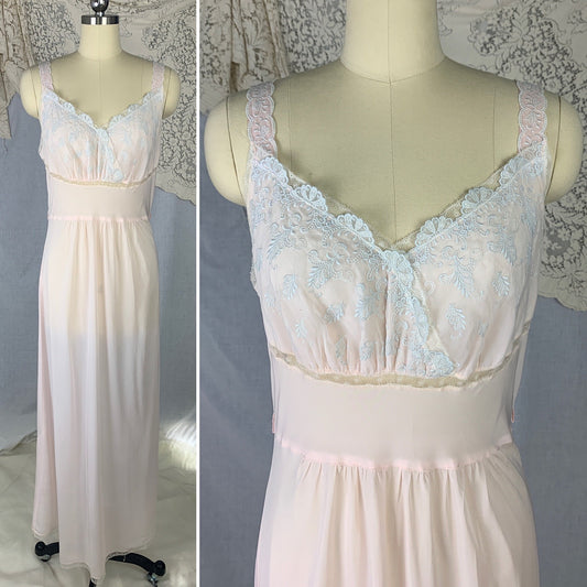 Vintage 1950's Nightgown | Powder Pink Rayon Blend with Silver Filigree Embroidered Chiffon | Size M | Godfried - Daggers & Dames