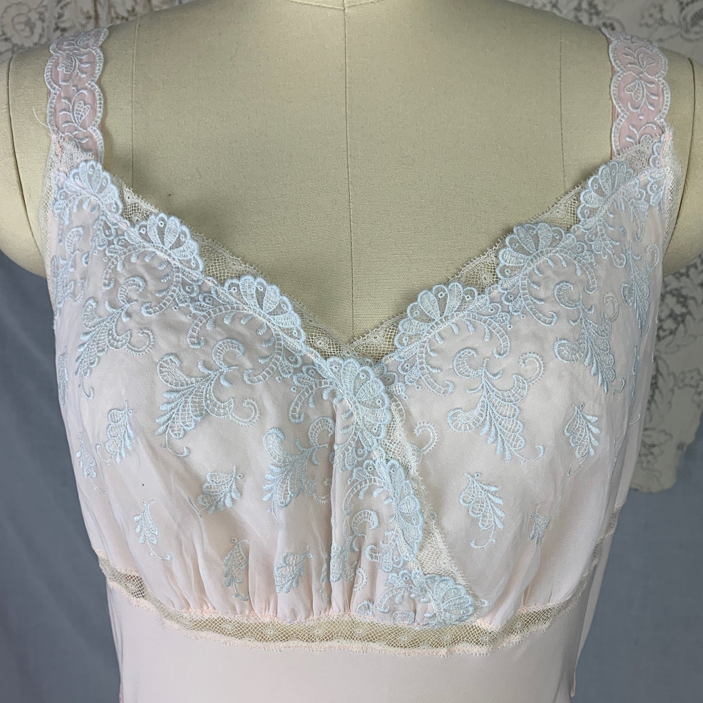 Vintage 1950's Nightgown | Powder Pink Rayon Blend with Silver Filigree Embroidered Chiffon | Size M | Godfried - Daggers & Dames