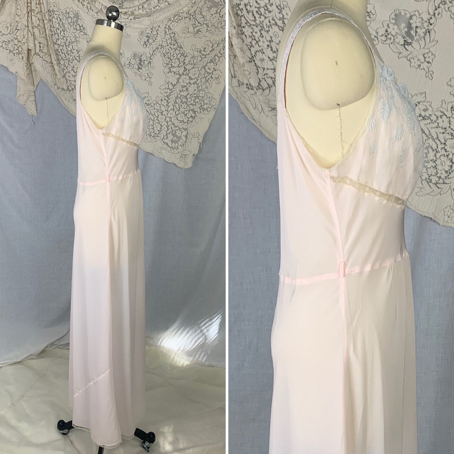 Vintage 1950's Nightgown | Powder Pink Rayon Blend with Silver Filigree Embroidered Chiffon | Size M | Godfried - Daggers & Dames