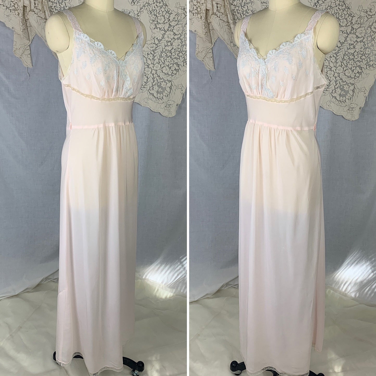 Vintage 1950's Nightgown | Powder Pink Rayon Blend with Silver Filigree Embroidered Chiffon | Size M | Godfried - Daggers & Dames