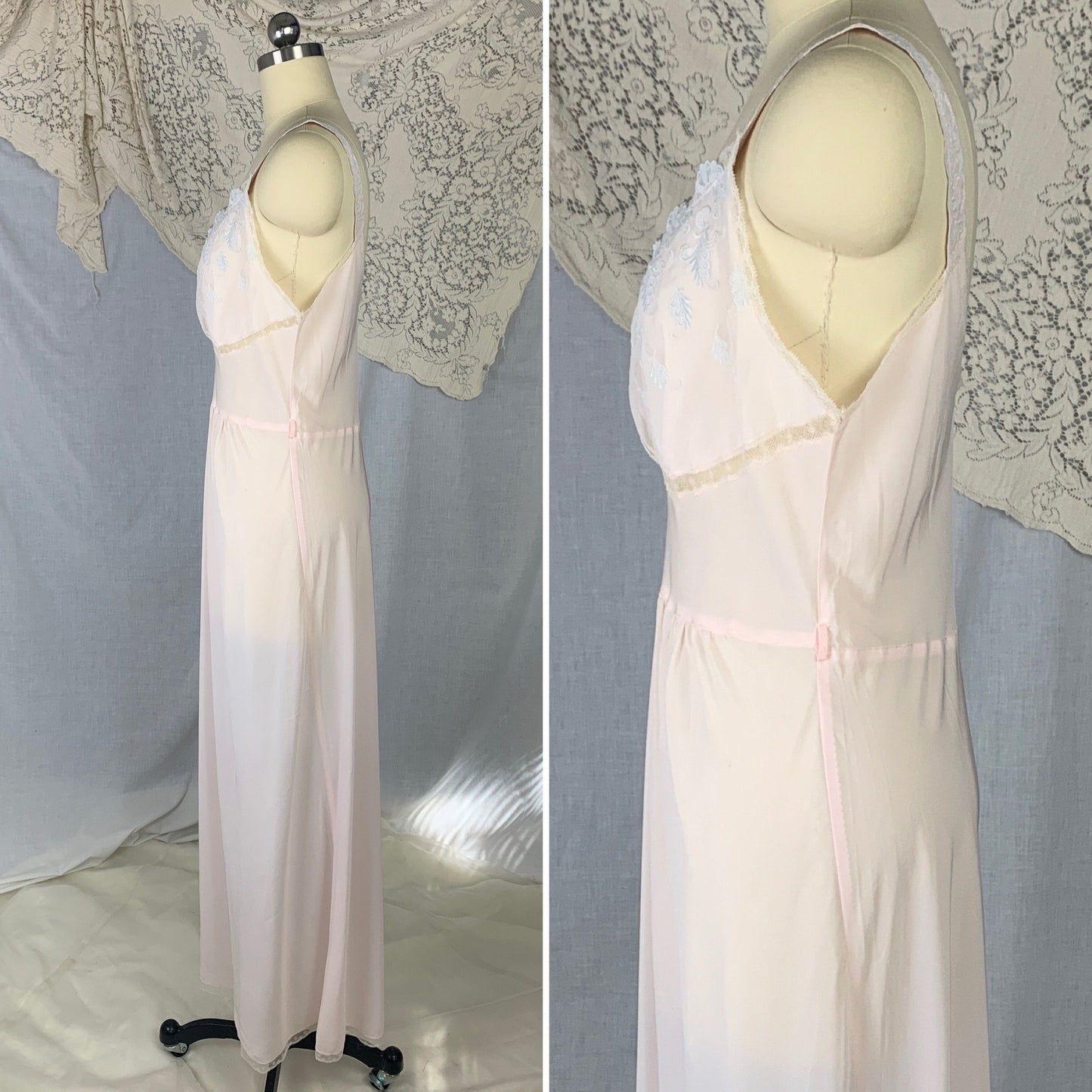 Vintage 1950's Nightgown | Powder Pink Rayon Blend with Silver Filigree Embroidered Chiffon | Size M | Godfried - Daggers & Dames