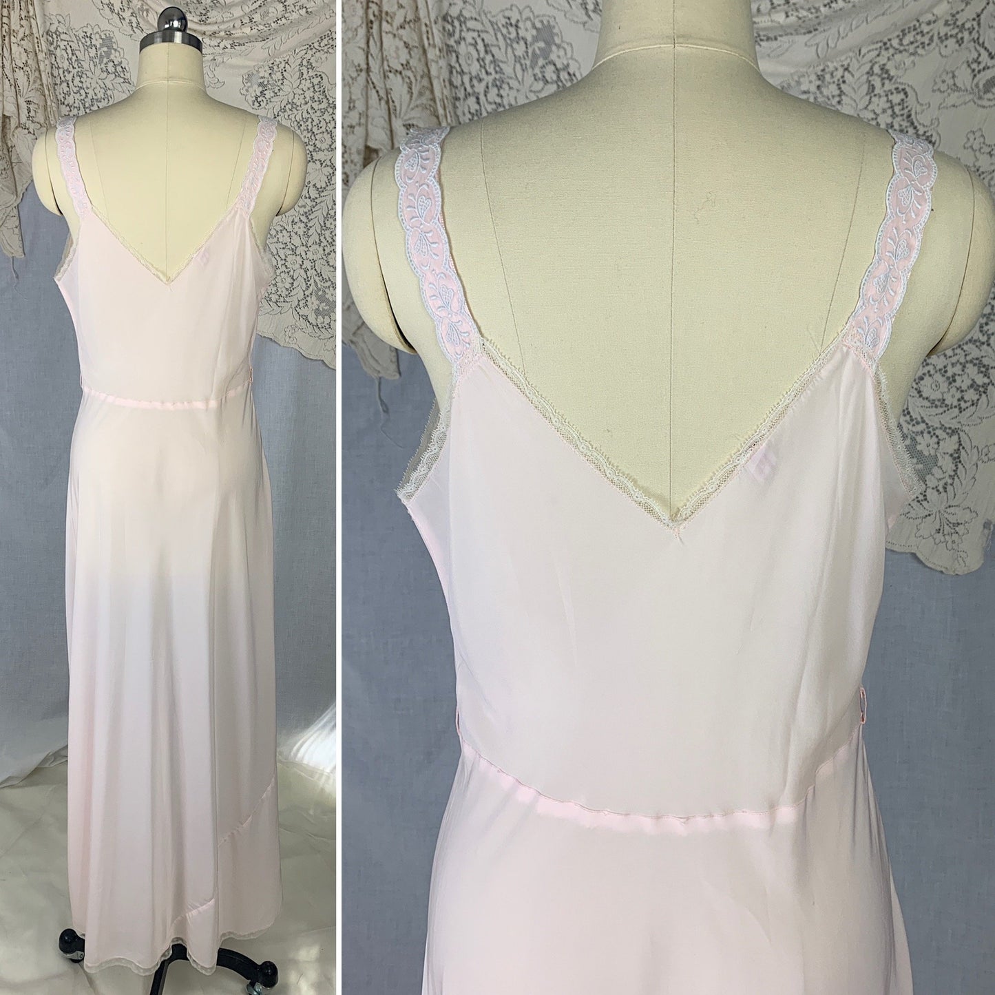 Vintage 1950's Nightgown | Powder Pink Rayon Blend with Silver Filigree Embroidered Chiffon | Size M | Godfried - Daggers & Dames