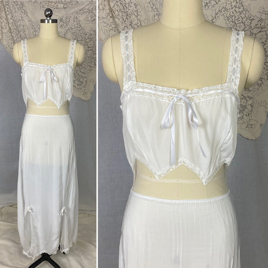 Vintage 1950's Nightgown | Semi Sheer White Rayon Crepe with Nylon Mesh Inserts & Scalloped Hem | Size XS, S - Daggers & Dames