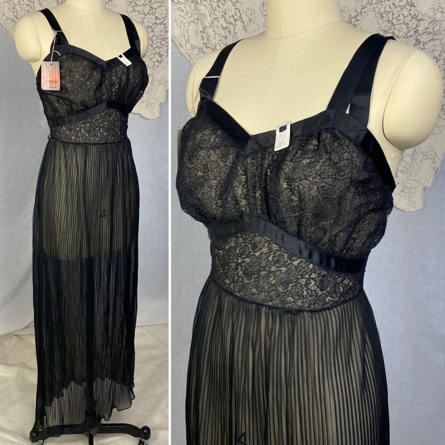 Vintage 1950's Nightgown | Sheer Black Crystal Pleated Nylon Chiffon with Chantilly Lace | Size M | Seamprufe -New with Tags - Daggers & Dames