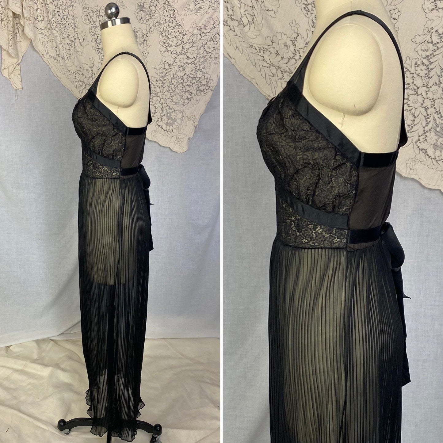 Vintage 1950's Nightgown | Sheer Black Crystal Pleated Nylon Chiffon with Chantilly Lace | Size M | Seamprufe -New with Tags - Daggers & Dames