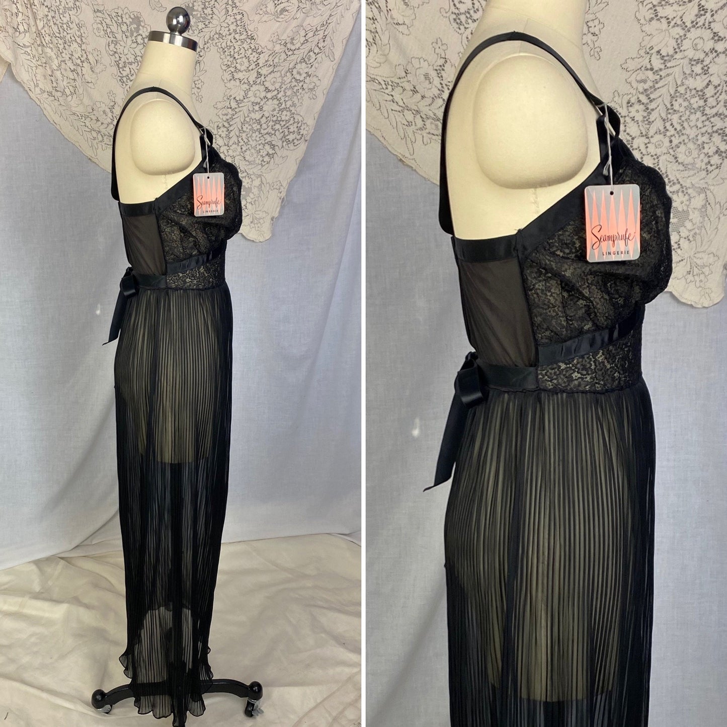 Vintage 1950's Nightgown | Sheer Black Crystal Pleated Nylon Chiffon with Chantilly Lace | Size M | Seamprufe -New with Tags - Daggers & Dames