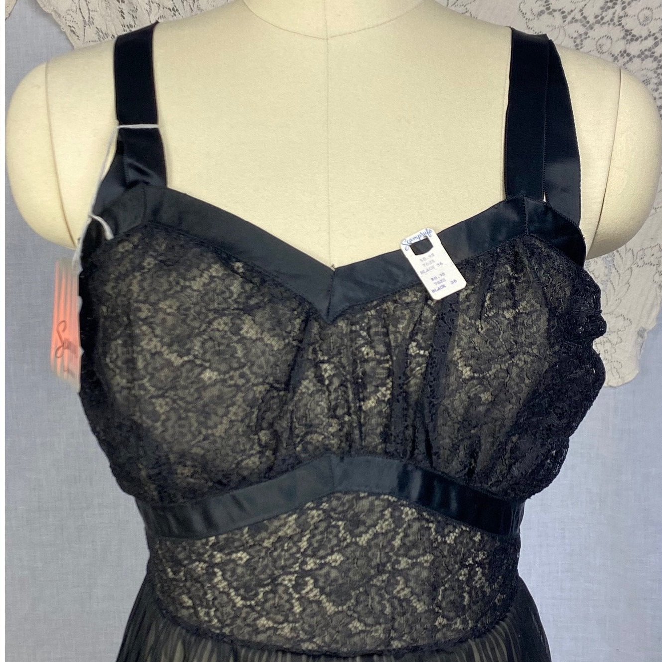 Vintage 1950's Nightgown | Sheer Black Crystal Pleated Nylon Chiffon with Chantilly Lace | Size M | Seamprufe -New with Tags - Daggers & Dames