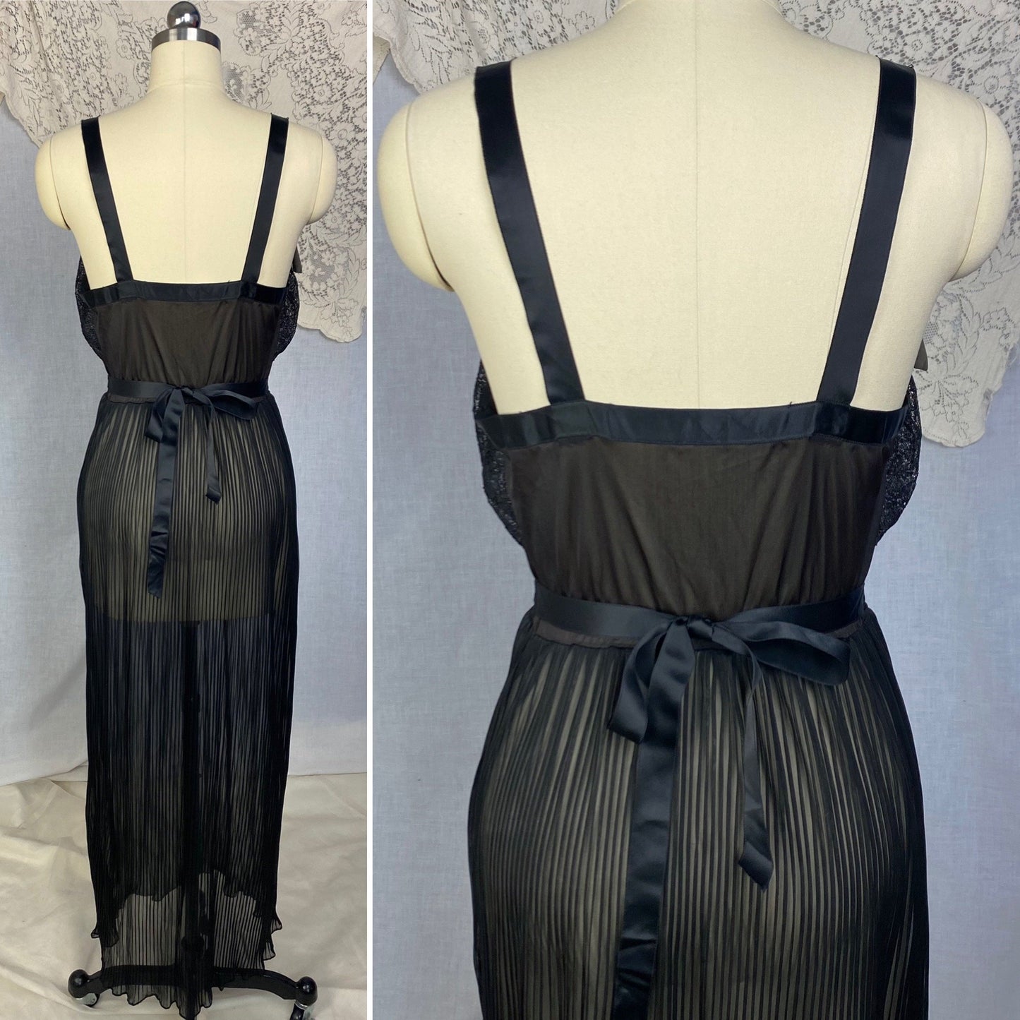 Vintage 1950's Nightgown | Sheer Black Crystal Pleated Nylon Chiffon with Chantilly Lace | Size M | Seamprufe -New with Tags - Daggers & Dames
