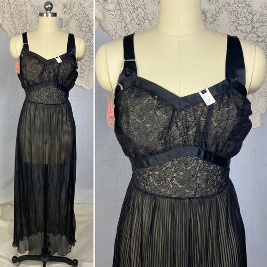 Vintage 1950's Nightgown | Sheer Black Crystal Pleated Nylon Chiffon with Chantilly Lace | Size M | Seamprufe -New with Tags - Daggers & Dames
