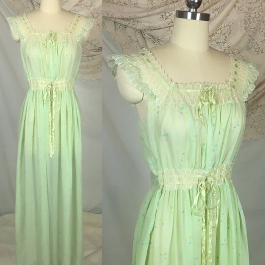 Vintage 1950's Nightgown | Sheer Pale Green Nylon Chiffon with Geometric Pattern & Adjustable Waist | Godfried | Size SM, MED - Daggers & Dames