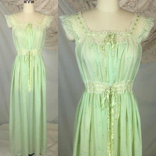 Vintage 1950's Nightgown | Sheer Pale Green Nylon Chiffon with Geometric Pattern & Adjustable Waist | Godfried | Size SM, MED - Daggers & Dames