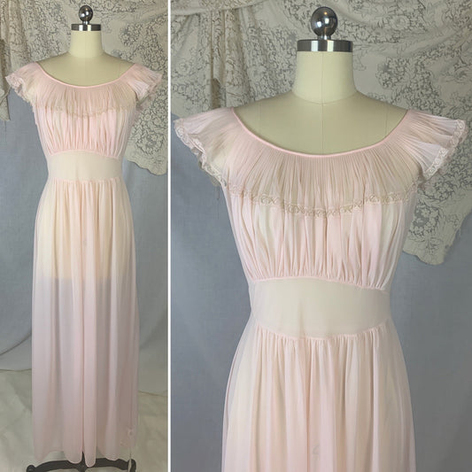 Vintage 1950's Nightgown | Sheer Petal Pink Nylon with Crystal Pleat Ruffles | Size S | Vanity Fair - New with Tags - Daggers & Dames