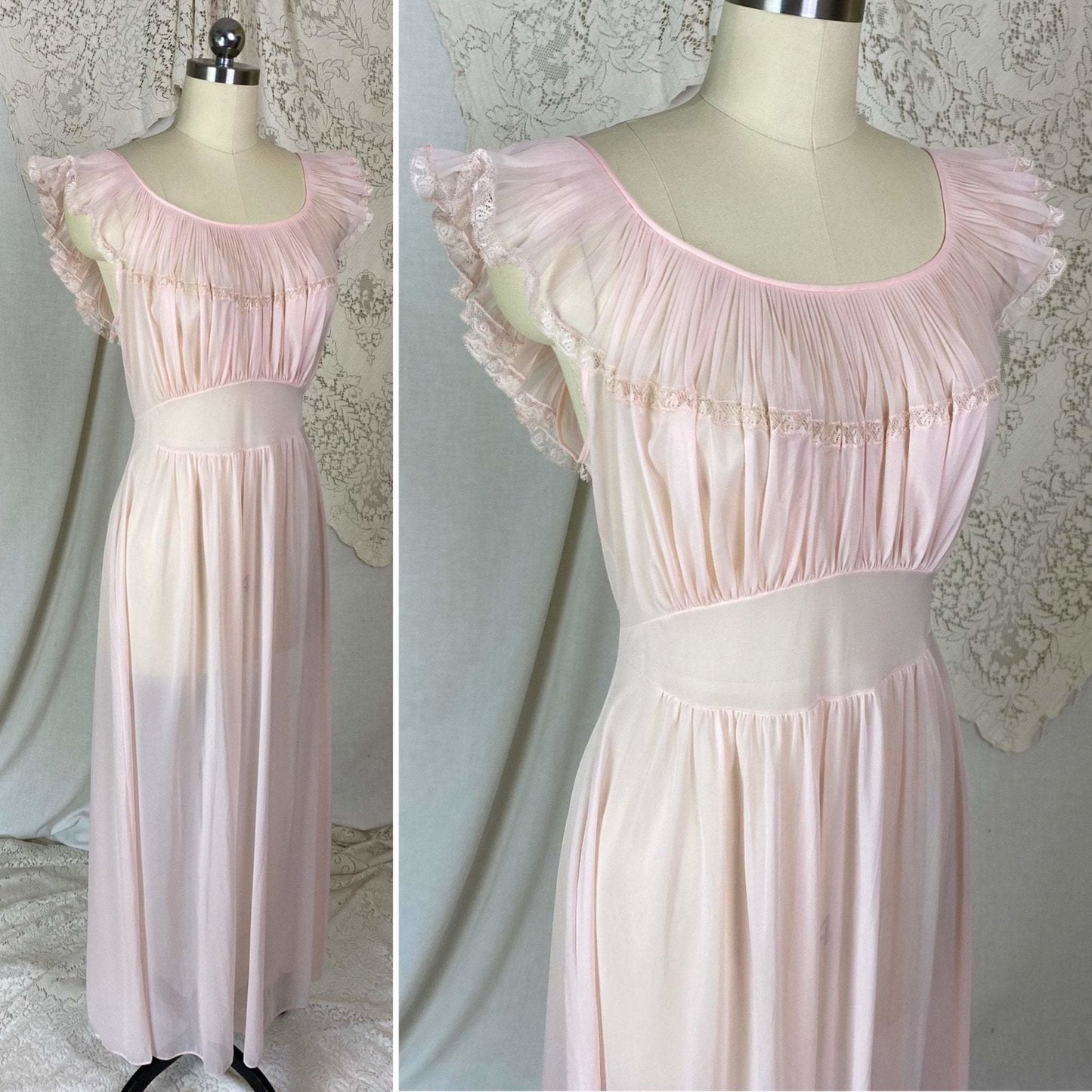 Vintage 1950's Nightgown | Sheer Powder Pink Nylon with Crystal Pleated Chiffon Ruffles | Size S, M | Vanity Fair - Daggers & Dames