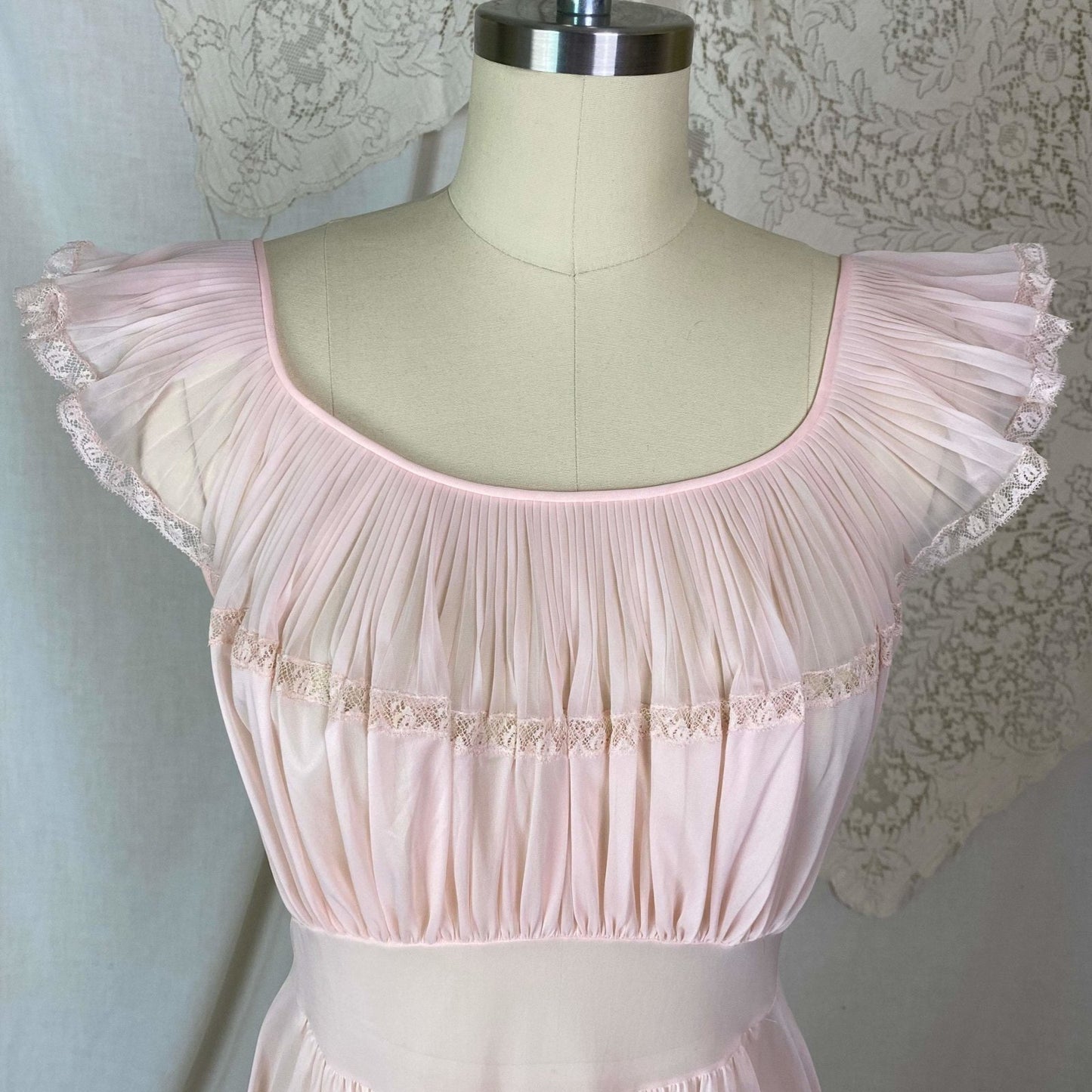 Vintage 1950's Nightgown | Sheer Powder Pink Nylon with Crystal Pleated Chiffon Ruffles | Size S, M | Vanity Fair - Daggers & Dames
