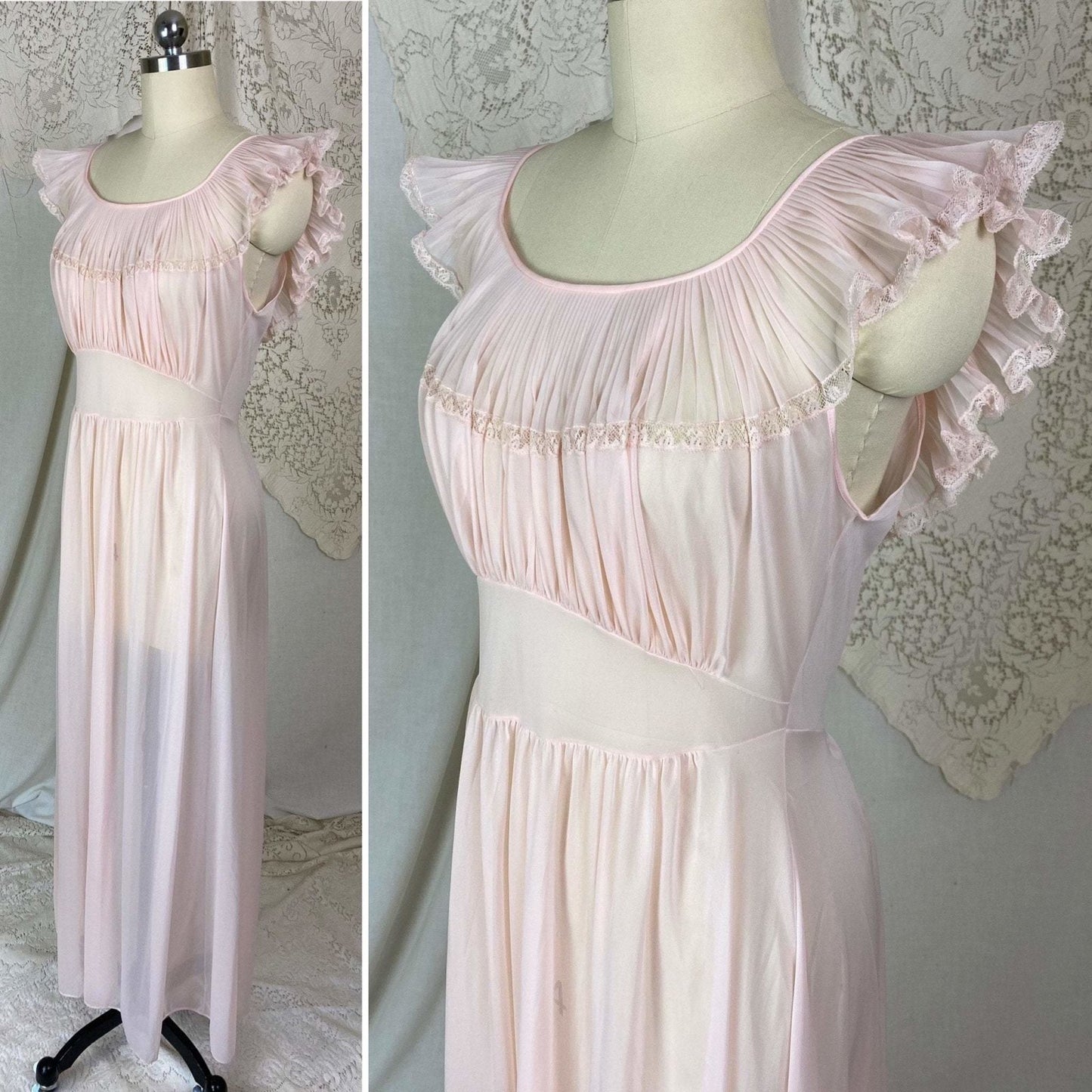Vintage 1950's Nightgown | Sheer Powder Pink Nylon with Crystal Pleated Chiffon Ruffles | Size S, M | Vanity Fair - Daggers & Dames