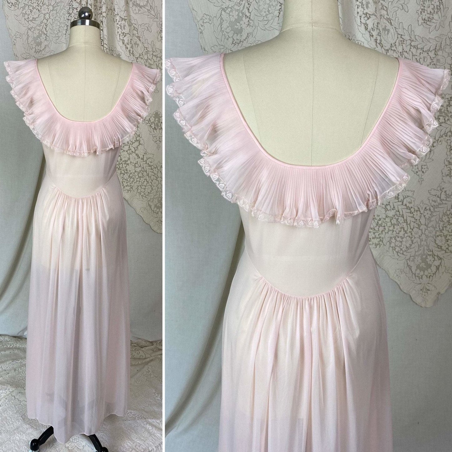 Vintage 1950's Nightgown | Sheer Powder Pink Nylon with Crystal Pleated Chiffon Ruffles | Size S, M | Vanity Fair - Daggers & Dames