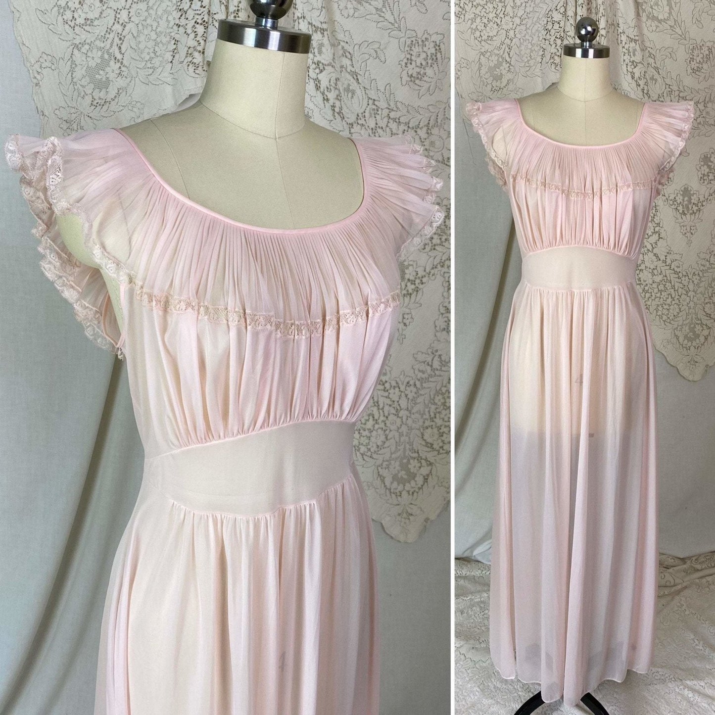 Vintage 1950's Nightgown | Sheer Powder Pink Nylon with Crystal Pleated Chiffon Ruffles | Size S, M | Vanity Fair - Daggers & Dames