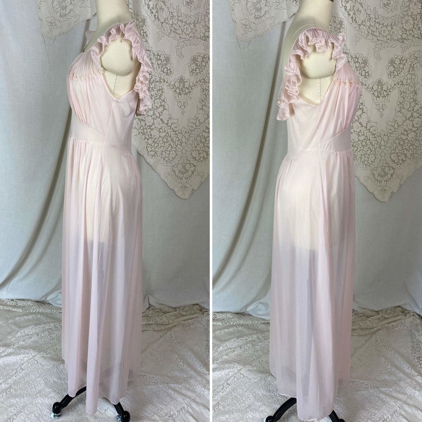Vintage 1950's Nightgown | Sheer Powder Pink Nylon with Crystal Pleated Chiffon Ruffles | Size S, M | Vanity Fair - Daggers & Dames