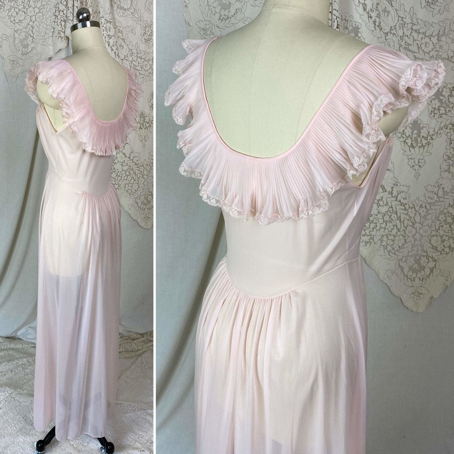 Vintage 1950's Nightgown | Sheer Powder Pink Nylon with Crystal Pleated Chiffon Ruffles | Size S, M | Vanity Fair - Daggers & Dames