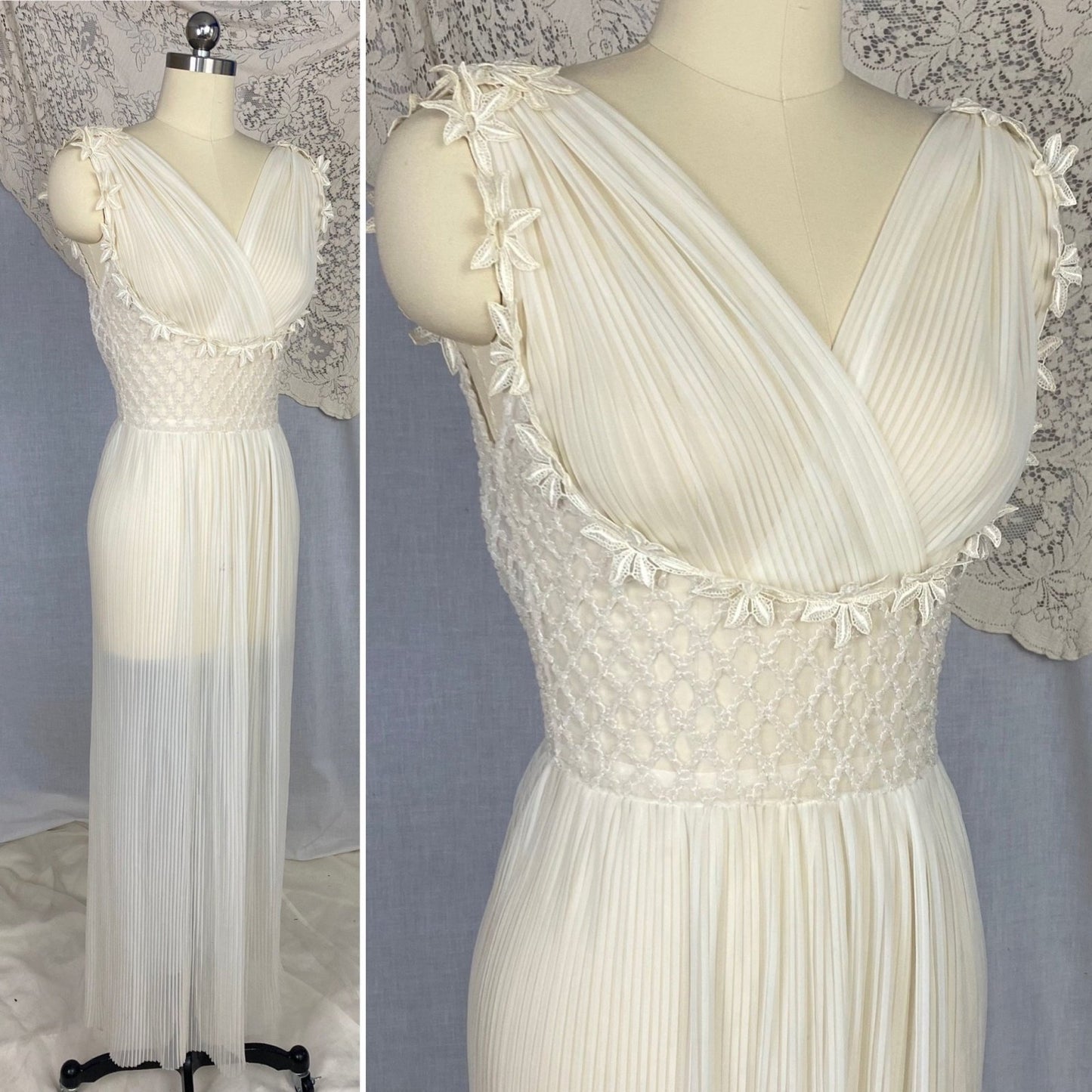 Vintage 1950's Nightgown | Sheer White Nylon Chiffon with Honeycomb Smocking & Crochet Floral Appliqué | Size XS, S | Edwards Lingerie Co. - Daggers & Dames