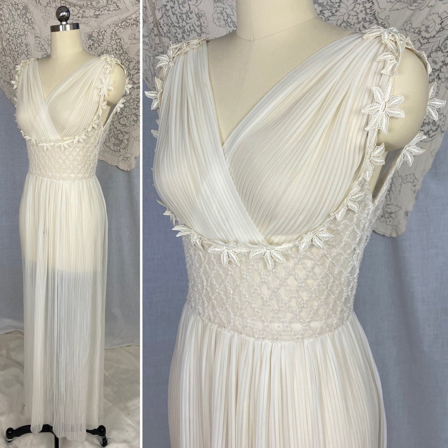 Vintage 1950's Nightgown | Sheer White Nylon Chiffon with Honeycomb Smocking & Crochet Floral Appliqué | Size XS, S | Edwards Lingerie Co. - Daggers & Dames