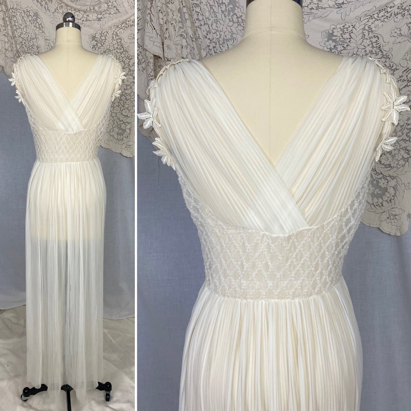 Vintage 1950's Nightgown | Sheer White Nylon Chiffon with Honeycomb Smocking & Crochet Floral Appliqué | Size XS, S | Edwards Lingerie Co. - Daggers & Dames