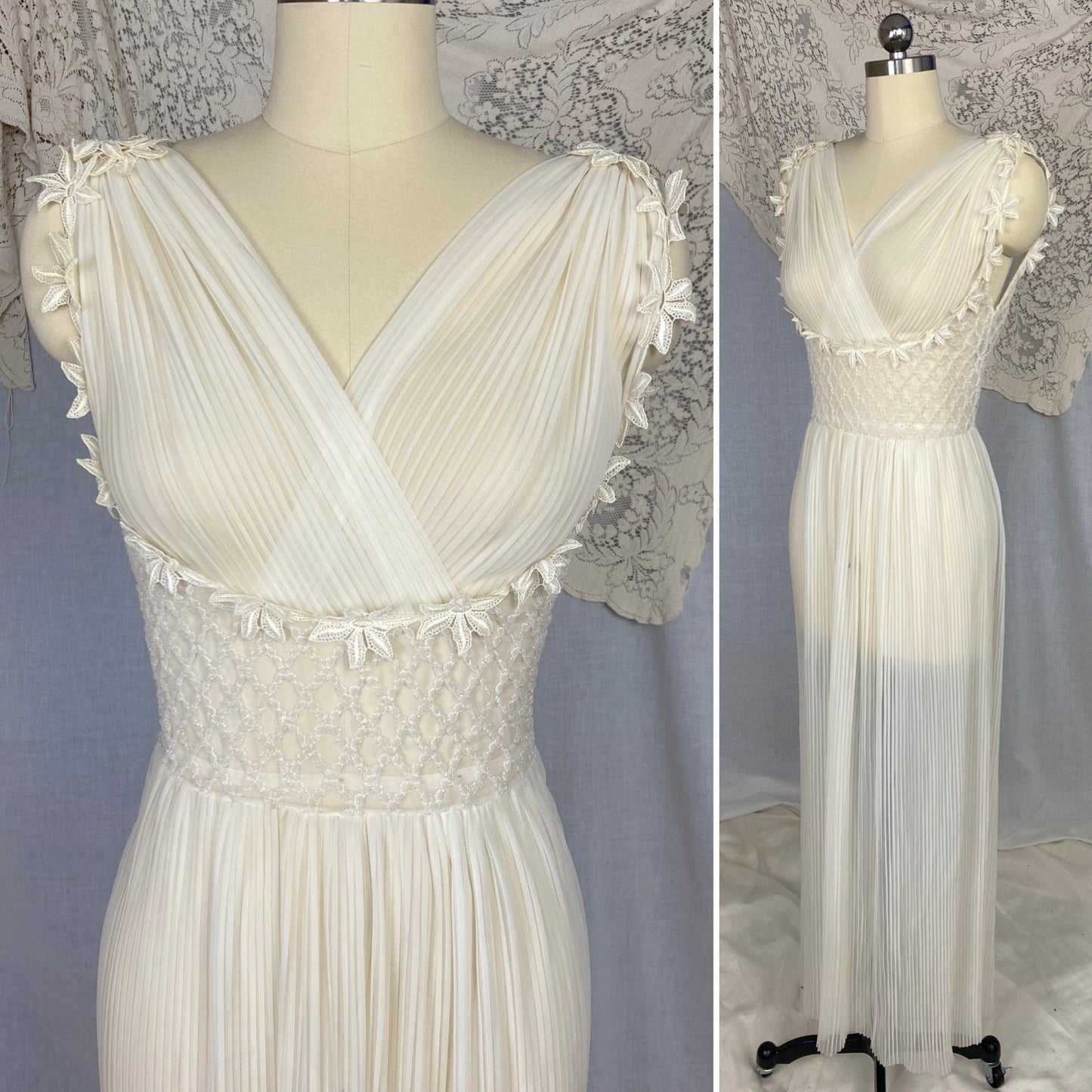 Vintage 1950's Nightgown | Sheer White Nylon Chiffon with Honeycomb Smocking & Crochet Floral Appliqué | Size XS, S | Edwards Lingerie Co. - Daggers & Dames