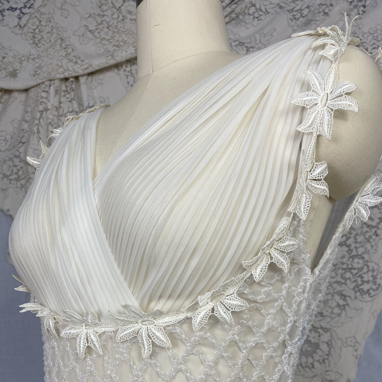 Vintage 1950's Nightgown | Sheer White Nylon Chiffon with Honeycomb Smocking & Crochet Floral Appliqué | Size XS, S | Edwards Lingerie Co. - Daggers & Dames