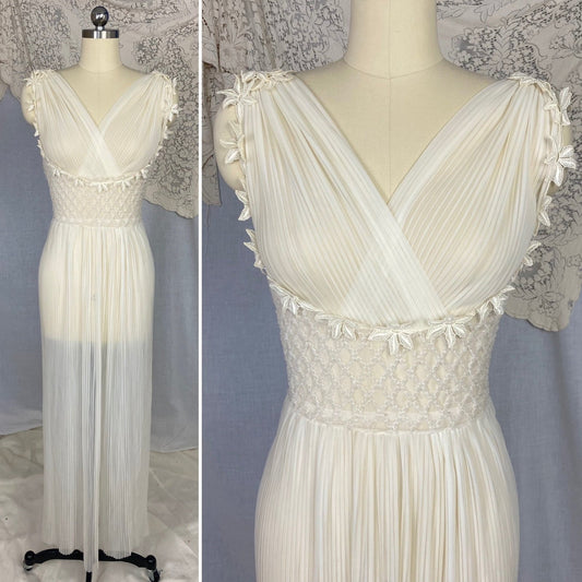 Vintage 1950's Nightgown | Sheer White Nylon Chiffon with Honeycomb Smocking & Crochet Floral Appliqué | Size XS, S | Edwards Lingerie Co. - Daggers & Dames