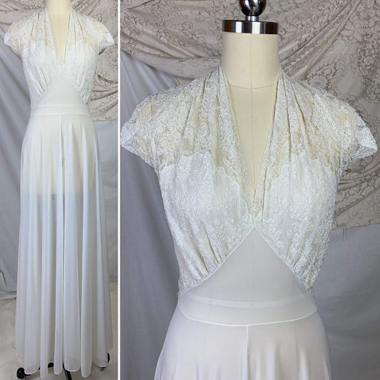 Vintage 1950's Nightgown | Sheer White Nylon with Floral Lace & Button Halter Neck | Nettie Rosenstein | Size XS, SM - Daggers & Dames