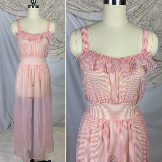 Vintage 1950's Nightgown | Sheer White & Red Candy Striper Nylon Chiffon with Ruffles | Tailored by Globe | Size SM, MED - Daggers & Dames