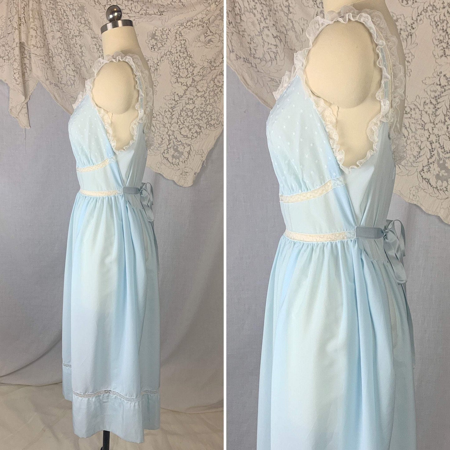 Vintage 1950's Nightgown | Sky Blue Rayon Blend with White Ruffled Lace & Star Embroidery | Size M, LG | Barbizon - Daggers & Dames