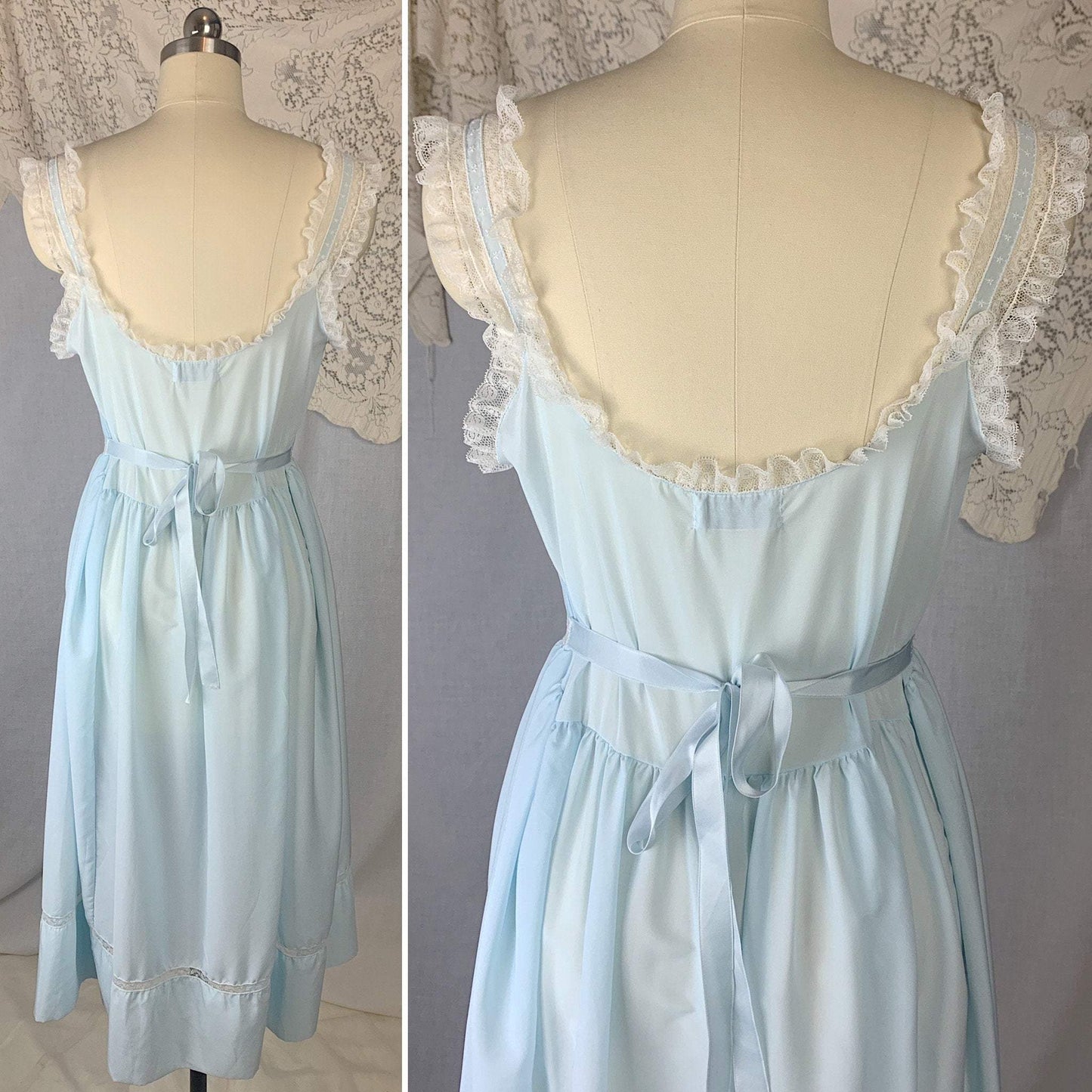 Vintage 1950's Nightgown | Sky Blue Rayon Blend with White Ruffled Lace & Star Embroidery | Size M, LG | Barbizon - Daggers & Dames