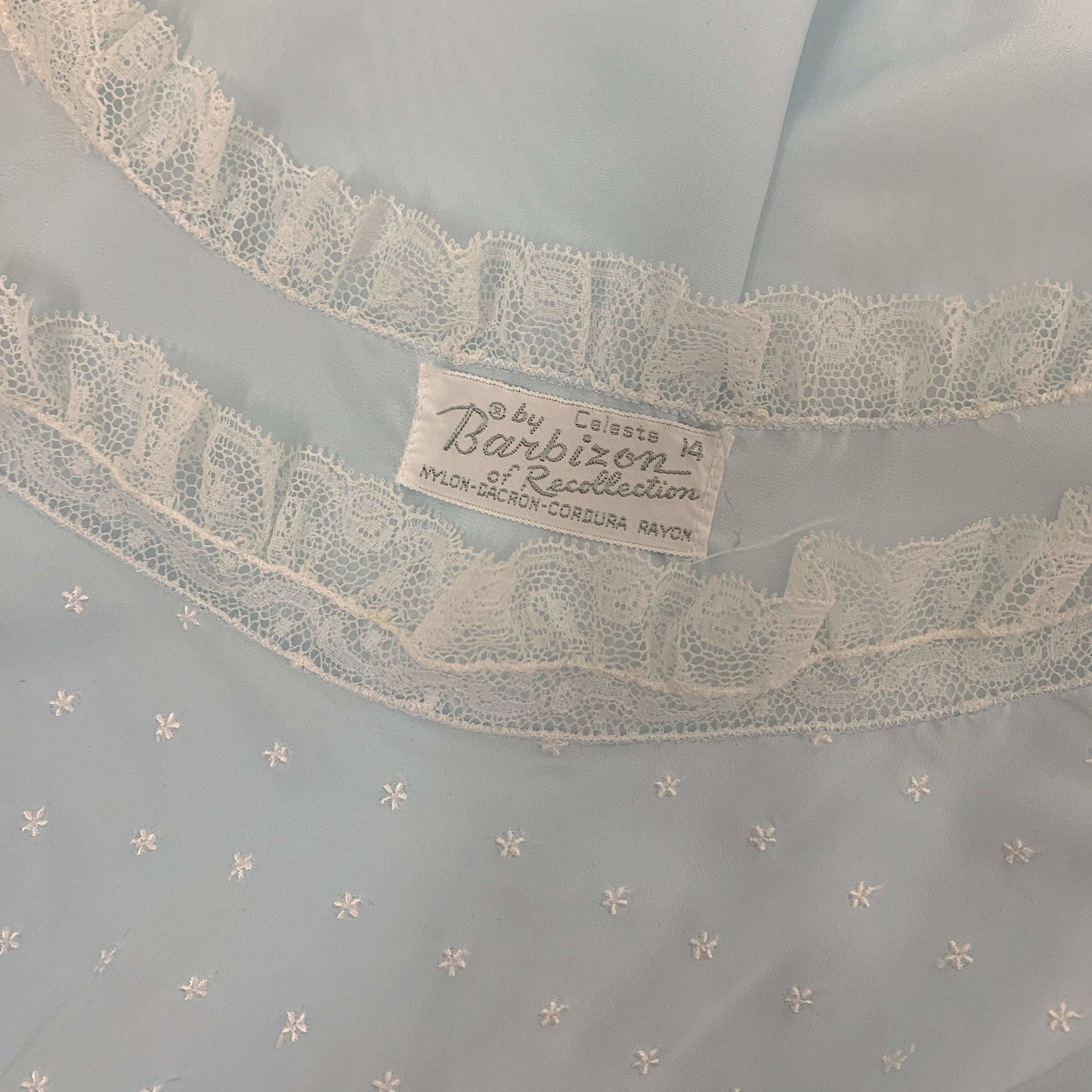 Vintage 1950's Nightgown | Sky Blue Rayon Blend with White Ruffled Lace & Star Embroidery | Size M, LG | Barbizon - Daggers & Dames