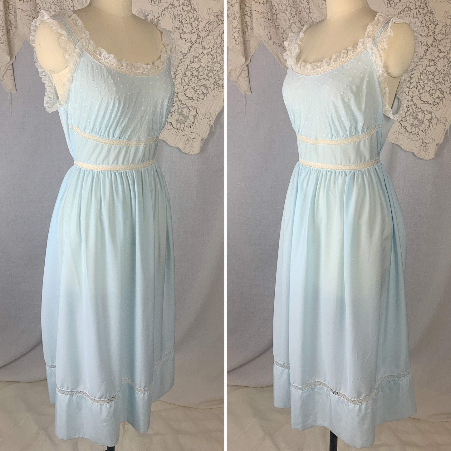 Vintage 1950's Nightgown | Sky Blue Rayon Blend with White Ruffled Lace & Star Embroidery | Size M, LG | Barbizon - Daggers & Dames