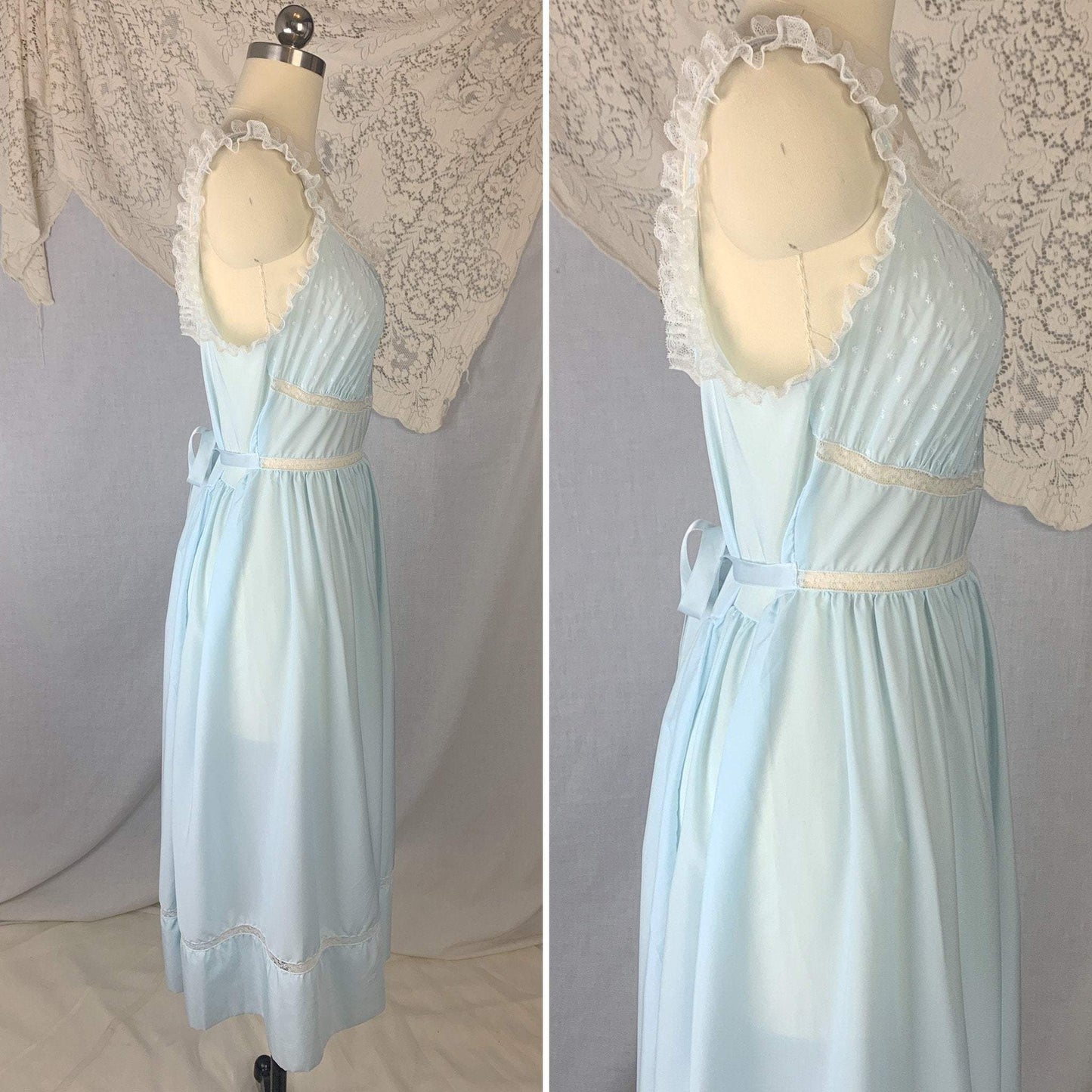 Vintage 1950's Nightgown | Sky Blue Rayon Blend with White Ruffled Lace & Star Embroidery | Size M, LG | Barbizon - Daggers & Dames