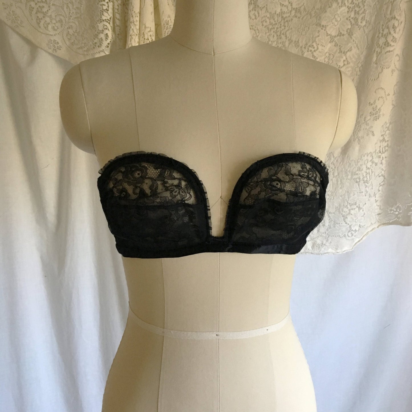 Vintage 1950's Overwire Bra | Black Chantilly Lace with Satin & Ruffles | Lilly of France | Size 34 C - Daggers & Dames