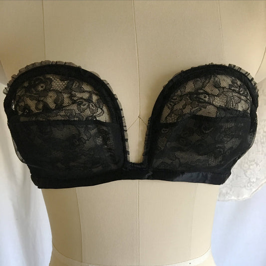 Vintage 1950's Overwire Bra | Black Chantilly Lace with Satin & Ruffles | Lilly of France | Size 34 C - Daggers & Dames