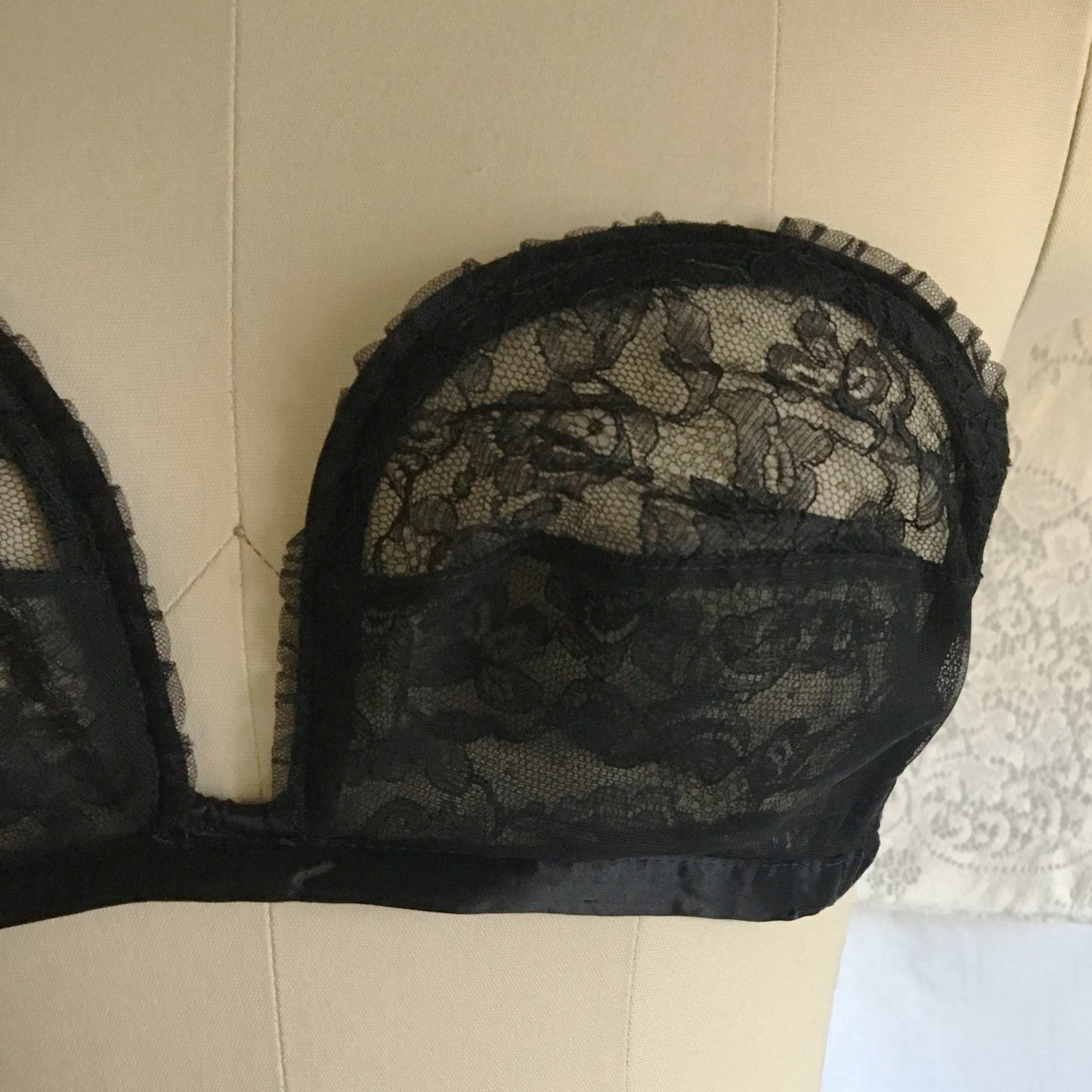 Vintage 1950's Overwire Bra | Black Chantilly Lace with Satin & Ruffles | Lilly of France | Size 34 C - Daggers & Dames