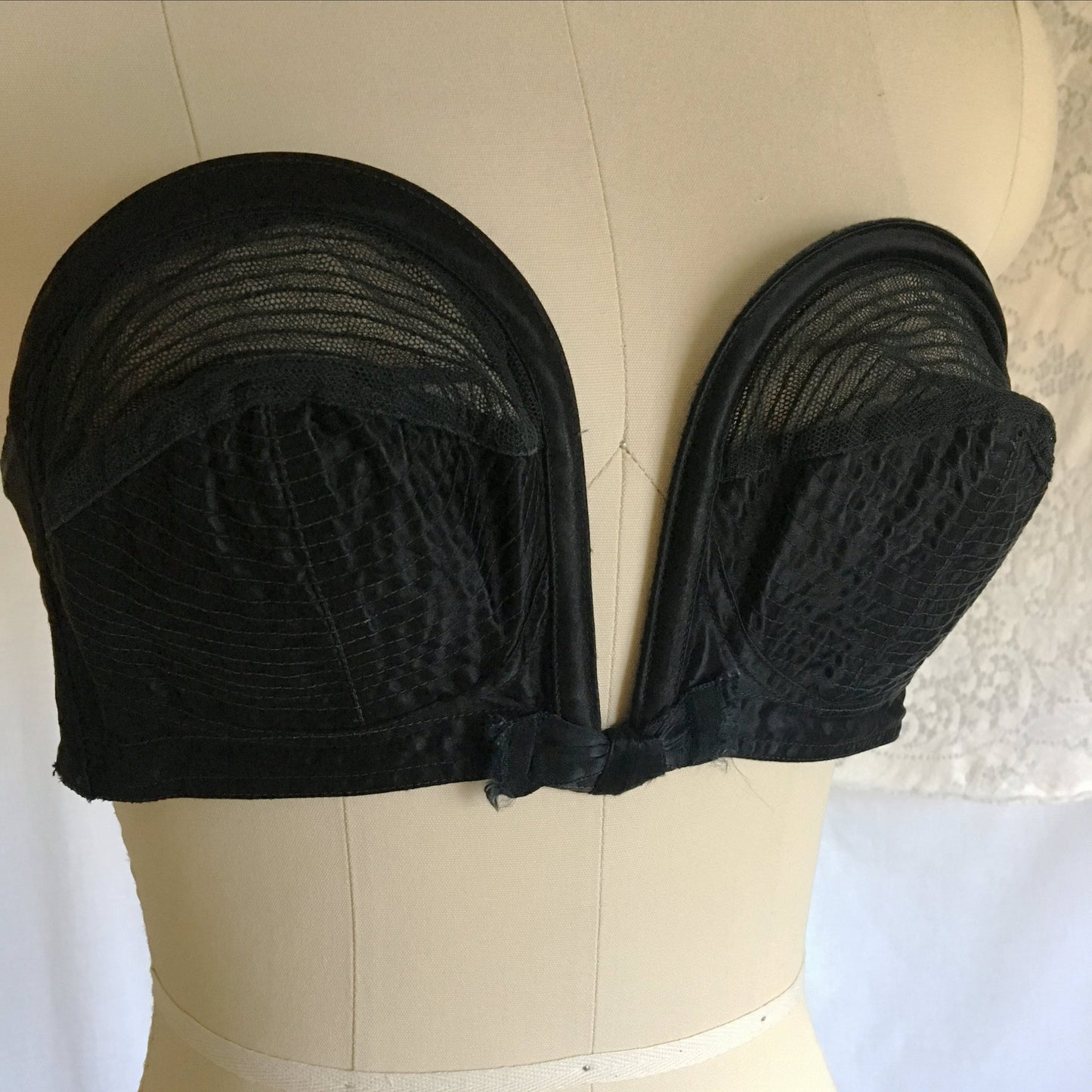 Vintage 1950's Overwire Bra | Black Circle Stitch Satin & Mesh with Ribbon Bow | Lovable | Size 36 C, 38 B - Daggers & Dames