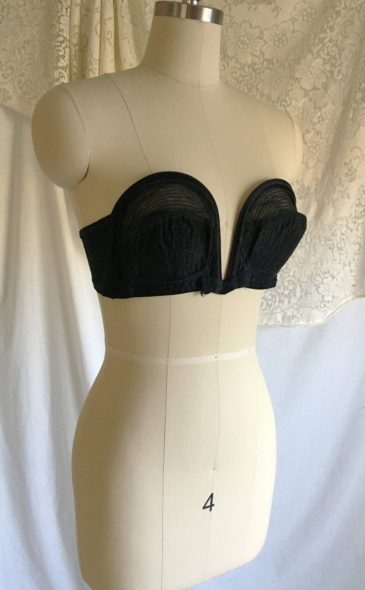 Vintage 1950's Overwire Bra | Black Circle Stitch Satin & Mesh with Ribbon Bow | Lovable | Size 36 C, 38 B - Daggers & Dames